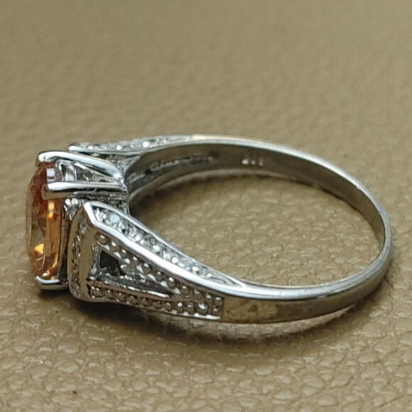 Citrine Ring 9mm Sterling Silver 925 Engagement Ring Simulated Diamond Accents - Picture 7 of 10